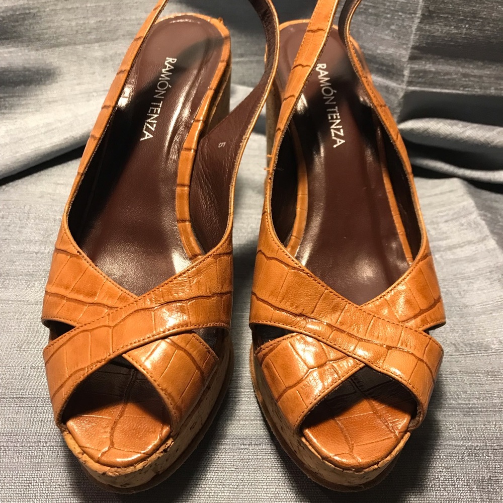 Ramon Tenza Croc Brown Leather Platform Sandals Size 5